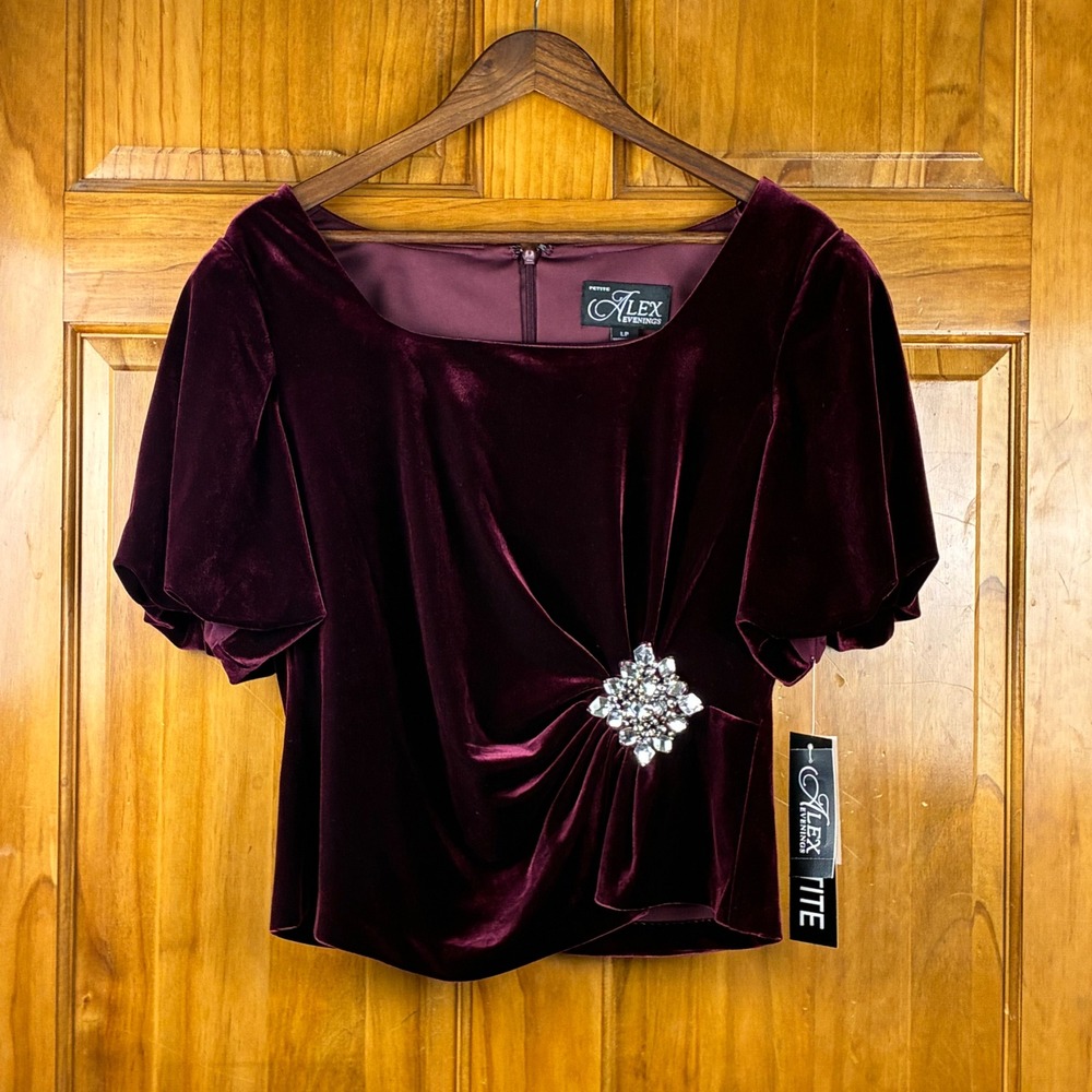 Alex Evenings NWT Wine Velvet Puff Sleeve Embellished Blouse LP Petite